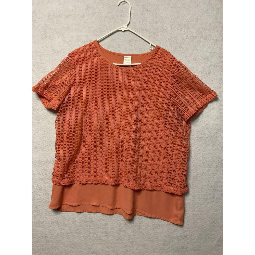 Blair Blouse Womens‎ XL Coral Crochet Lace Overlay Sheer Short Sleeve Hem Lined